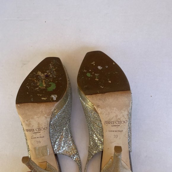 Jimmy Choo Clue Slingback Pumps Sz 39 Glitter Fabric Stiletto Heels Peep Toe - Picture 7 of 9
